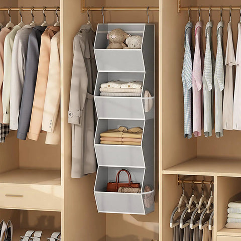 No Stress Hanging Closet Organizer With Four Collapsible Shelves And Hella Roomy Mesh Storage Pockets For Sorting Bedroom Threads And Shoes Neatly In Sleek Grey Finish