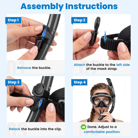 Assembly instructions for Dry-Top Snorkeling Gear Set With 180 Degree Panoramic HD Vision Mask, showing steps for strap adjustment.