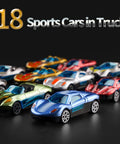 Close-up of colorful mini cars from 18 Car Transporter Truck Toy With 18 Mini Cars Kid Safe Car Carrier Playset For Boys And Girls Aged 3 To 10