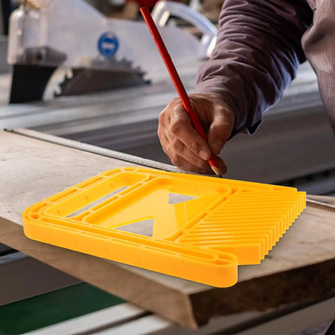 Badass Woodworking Safety Featherboard Set For Table Saw And Engraving Machine Extended Yellow Push Back Jig on workbench with pencil.