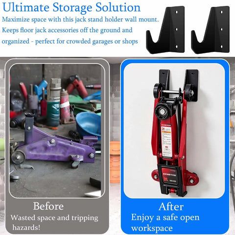 2 Pack Wall Mount Jack Stands Organizer For Floor Jacks Universal Car Jack Holder mounted on wall with floor jack