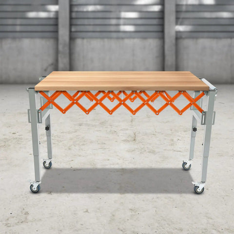 Versatile Adjustable Roller Conveyor Stand With Expandable Gravity Table For Moving Heavy Oak Or Plywood 110 Lbs Capacity Flexibility, shown in orange.