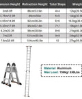 Heavy Duty Telescoping Extension Ladder dimensions and specifications table, aluminum material, max load 330 lbs, for roof access.