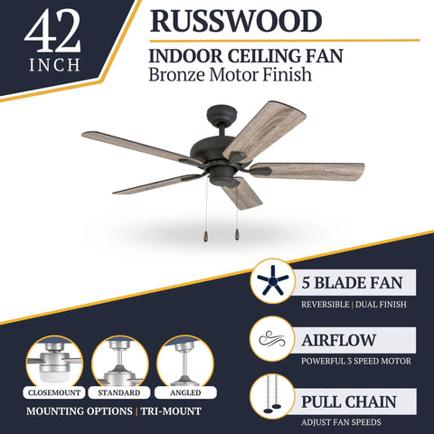 Bronze Farmhouse Ceiling Fan With No Light Pull Chain Three Mounting Options 5 Dual Finish Blades with Reversible Motor