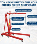 Built Different 2 Ton Folding Engine Hoist Paired With 3 4 Ton Under Hoist Support Stand Featuring Adjustable Boom And Rust Resistant Coating For Real Garage Hustle, showing details like hydraulic pump and adjustable boom.