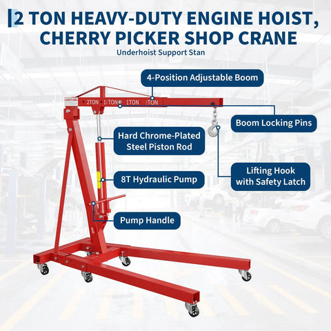 Built Different 2 Ton Folding Engine Hoist Paired With 3 4 Ton Under Hoist Support Stand Featuring Adjustable Boom And Rust Resistant Coating For Real Garage Hustle, showing details like hydraulic pump and adjustable boom.