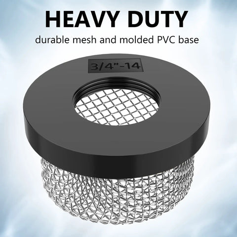 Close-up of 4 Pack Stainless Steel Pro-Grade Mesh Strainers 3/4 Inch 14 Female Screw On Filter with molded PVC base