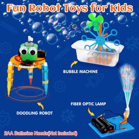 Colorful robot kit set for kids with doodling robot, bubble machine, and fiber optic lamp from Six Piece Robot Kit Set For Kids 5 To 12 Build Reptile Robot Balance Car Bubble Machine Fiber Lamp And Sliding Plane With Motors Hands On STEM Science Experiments Engineering Toys For Boys And Girls Outdoor DIY Projects.