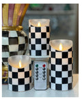 Flickering Flameless LED Battery Candles Set Of Three With Remote Control Unscented Black And White Checkered Large Square Pillars