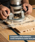 Using Five Eighths Inch Solid Brass Router Guide Bushing With Short Shank on wooden template with POWERTEC router base plate.
