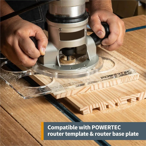 Using Five Eighths Inch Solid Brass Router Guide Bushing With Short Shank on wooden template with POWERTEC router base plate.