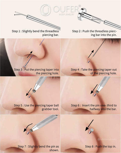 Instructions using Piercing Ball Grabber Kit For 16G 18G 20G Internally Threaded Push Pin External Thread Guide Needle Tool on nasal piercing.