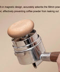 Dead Simple Setup 58mm Espresso Tamper Kit with wooden handle for coffee prep, showcasing magnetic feature to prevent powder leakage.