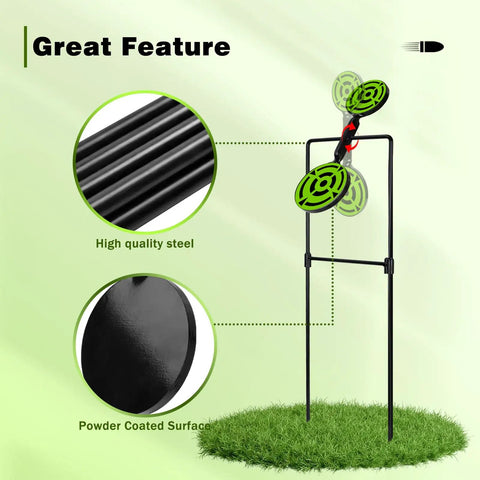 Beefy Double Spinner Auto Reset Steel Target For Shooting Practice 0.375 Inch Thick Metal with ground stake and green spinners