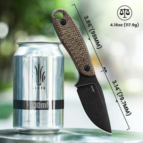 3.14 Inch D2 Fixed Blade Knife With Sheath next to a can for size reference, featuring burlap Micarta handle, outdoor camping use