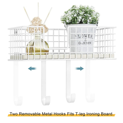 Wall Mounted Ironing Board Holder With Storage Shelf And Removable Hooks No Fuss Install Heavy Duty Laundry Room Iron Organizer For Iron And Board Large Basket White Finish Keeps Your Laundry Space Neat And Ready featuring wire mesh basket with decorative items
