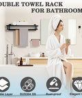 Bathroom scene with Matte Black 20 Inch Wall Mount Towel Rack With Double Bars And Shelf SUS304 Stainless Steel Towel Holder.