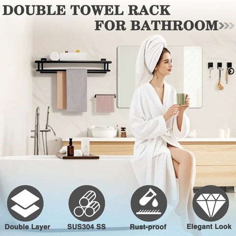 Matte Black Double Towel Rack For Bathroom Wall Mounted 24 Inch Stainless Steel Towel Bar Organizer With Shelf SUS304 behind woman