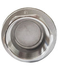 Front view of inline check valve, 1-1/2 in, 304 stainless steel with female NPT threads.