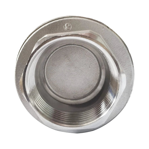 Front view of inline check valve, 1-1/2 in, 304 stainless steel with female NPT threads.