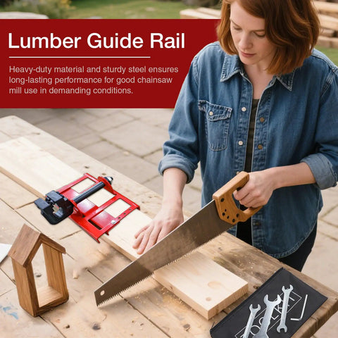 Heavy Duty Chainsaw Mill Rail Positioner For Bullseye Plank Cutting and Zero Hassle Setup showing user using a saw with alloy guide rack.