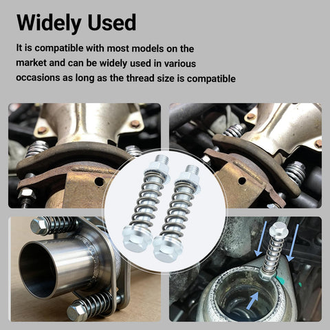 2 Piece M10x1.25 Exhaust Manifold Bolts And Nuts Kit With Built In Springs for muffler repair, shown with details and uses.