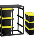 6 Piece Stackable Mini Storage Bins With Bright Yellow Lids And Sturdy Black Rack Compact Plastic Containers showcasing bins and rack setup.