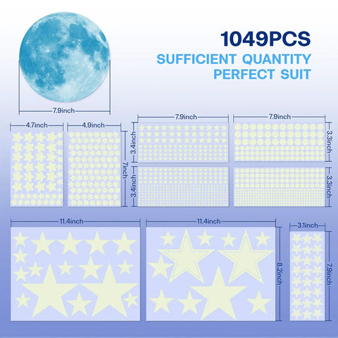 Night Sky Glow Stars Ceiling Stickers Kit With 1049 Pieces Including Moon And Stars, Self Adhesive Wall Decals layout