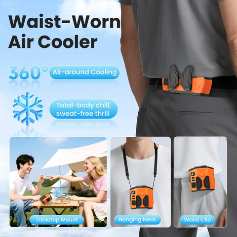 Rechargeable Portable Personal Waist Fan With 10000mAh Battery, 5 Speeds, 13500RPM Airflow, LED Light, 30Hour Runtime on belt.