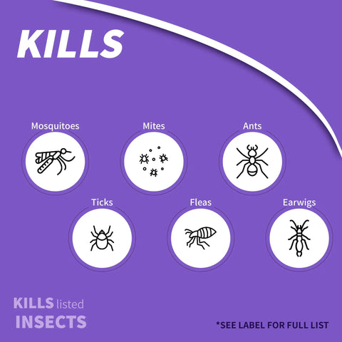 Diagram showing insects killed by Eight Insect Control Garden And Home Outdoor Insecticide, including mosquitoes and ants.