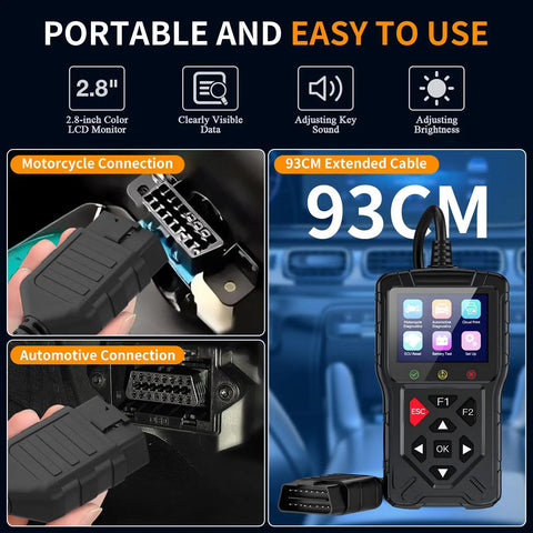 2-In-1 OBD2 Scanner For Cars And Motorcycles With Live Data, Engine Fault Code Reader shown with LCD screen and connections