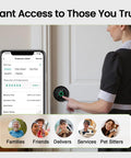 Woman using 4 In 1 Smart Fingerprint Door Lock with Keypad, app control shown on phone screen, for easy keyless entry.