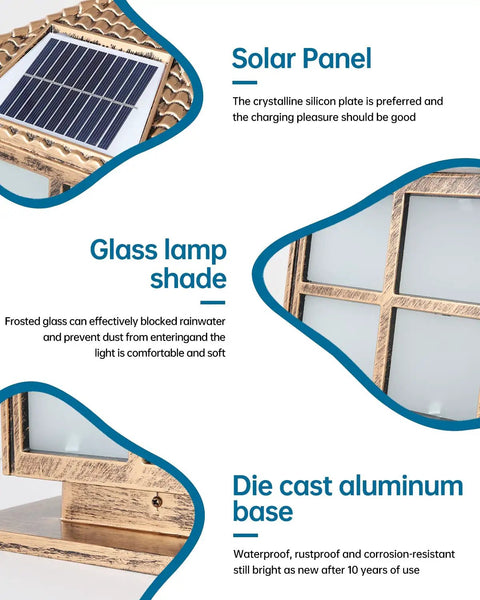 Outdoor Solar Post Lights IP65 Waterproof Glass Pillar Light Square Led Column Lamps showing solar panel, glass shade, aluminum base