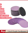 Kickstart Your Projects With This 41 Piece 3 Inch Hook And Loop Wet Dry Sanding Disc Set And Interface Pads For Woodworking Auto Body Repair And Metal Polishing Featuring Wide Grit Range That Makes Heavy Duty Surface Prep A Breeze No More Jams Or, displaying 3 inch purple sanding discs stacked and laid out.