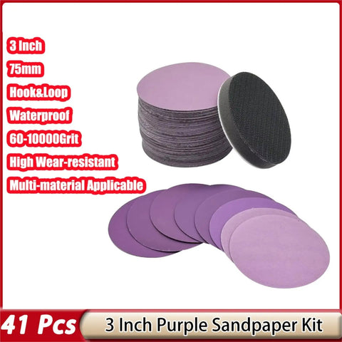 Kickstart Your Projects With This 41 Piece 3 Inch Hook And Loop Wet Dry Sanding Disc Set And Interface Pads For Woodworking Auto Body Repair And Metal Polishing Featuring Wide Grit Range That Makes Heavy Duty Surface Prep A Breeze No More Jams Or, displaying 3 inch purple sanding discs stacked and laid out.