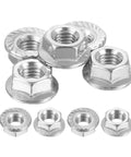 Rock Solid Left Hand Reverse Nuts M8x1.25mm 304 Stainless Steel Serrated Flange close-up showing five silver nuts with unique designs.