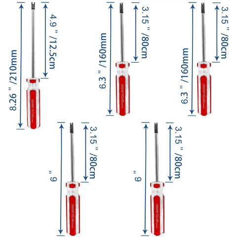 Beefy Chrome Vanadium U Type Screwdriver Set With Rock Solid Magnetic Tips And No Nonsense Tamper Resistant Safety Pin Bits For Precision Tech Repair Projects, five screwdrivers of varying lengths shown.