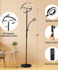 Two In One Smart Remote And Touch Control LED Floor Lamp With Reading Light, showing 330-degree rotation, remote, touch controls.