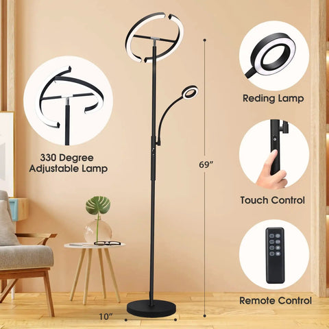 Two In One Smart Remote And Touch Control LED Floor Lamp With Reading Light, showing 330-degree rotation, remote, touch controls.