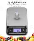 Chef Grade Precision Digital Food Scale With 0.01 Oz And 1 G Readout showing weight with LCD display and fruit border