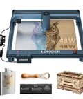 40W Laser Engraving Tool With Automated Air Assist for home DIY carving on wood, metal, paper, glass, and more with samples.
