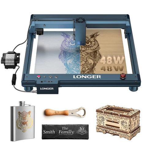 40W Laser Engraving Tool With Automated Air Assist for home DIY carving on wood, metal, paper, glass, and more with samples.