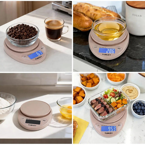 Pink Digital Kitchen Scale 11lb/5kg Capacity With 1g Precision, Large LCD Display, measuring coffee beans, liquids, and food.