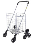 Stair Climber Grocery Cart With Six Wheels And 360 Degree Mobility, foldable utility trolley with mesh basket for easy shopping and carrying.