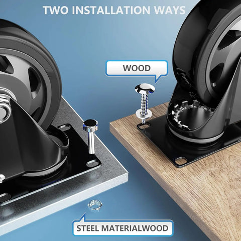 Built Tough 4 Inch Caster Wheels With Dual Safety Brakes Rust Proof Coated showing installation options on steel and wood surfaces.