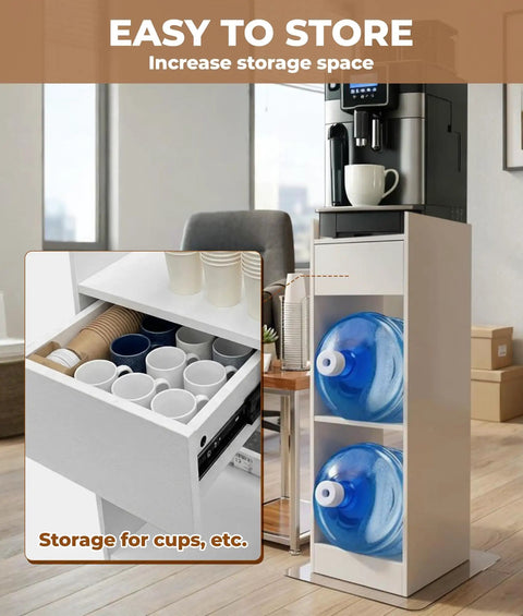 Sturdy 3 Tier Solid Wood Water Dispenser Rack With Drawer And Top Shelf 39 Inch Tall 5 Gallon Water Jug Storage Stand Built To Last White Finish