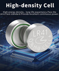 Premium Leak Proof LR41 Button Batteries AG3 Alkaline Cells 10 Pack close-up of high-density cell showing silver exterior and green seal.