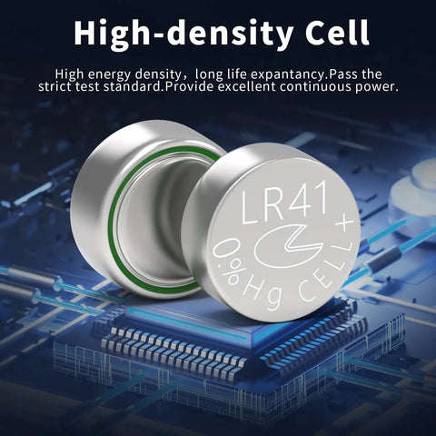 Premium Leak Proof LR41 Button Batteries AG3 Alkaline Cells 10 Pack close-up of high-density cell showing silver exterior and green seal.