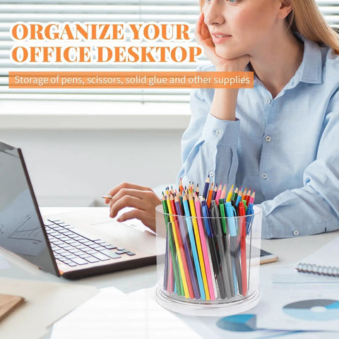 Person working at desk with clear acrylic organizer holding colored pencils and pens
