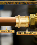 Close-up of Eight Piece Three Quarter Inch Brass Press Fittings Set With Press To Male Thread MIP NPT Adapters For copper pipe connections